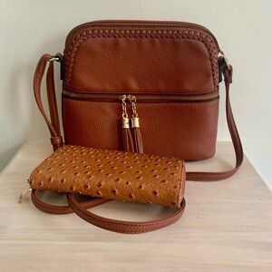 Brown purse with matching wallet. Good strap. Bottom studs.